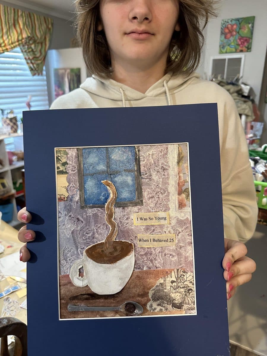 A morning coffee scene in cut paper and paint