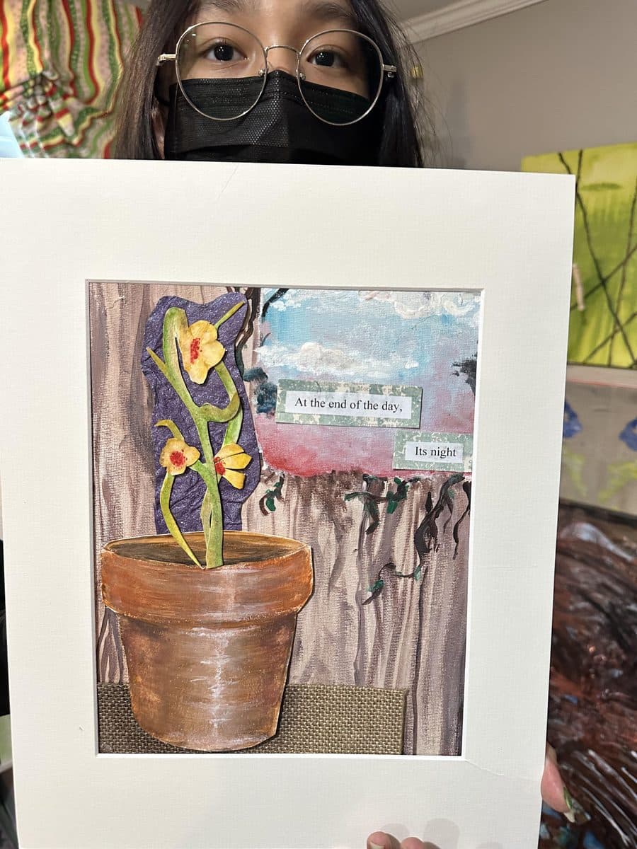 A single flower in a terracotta pot, mixed media