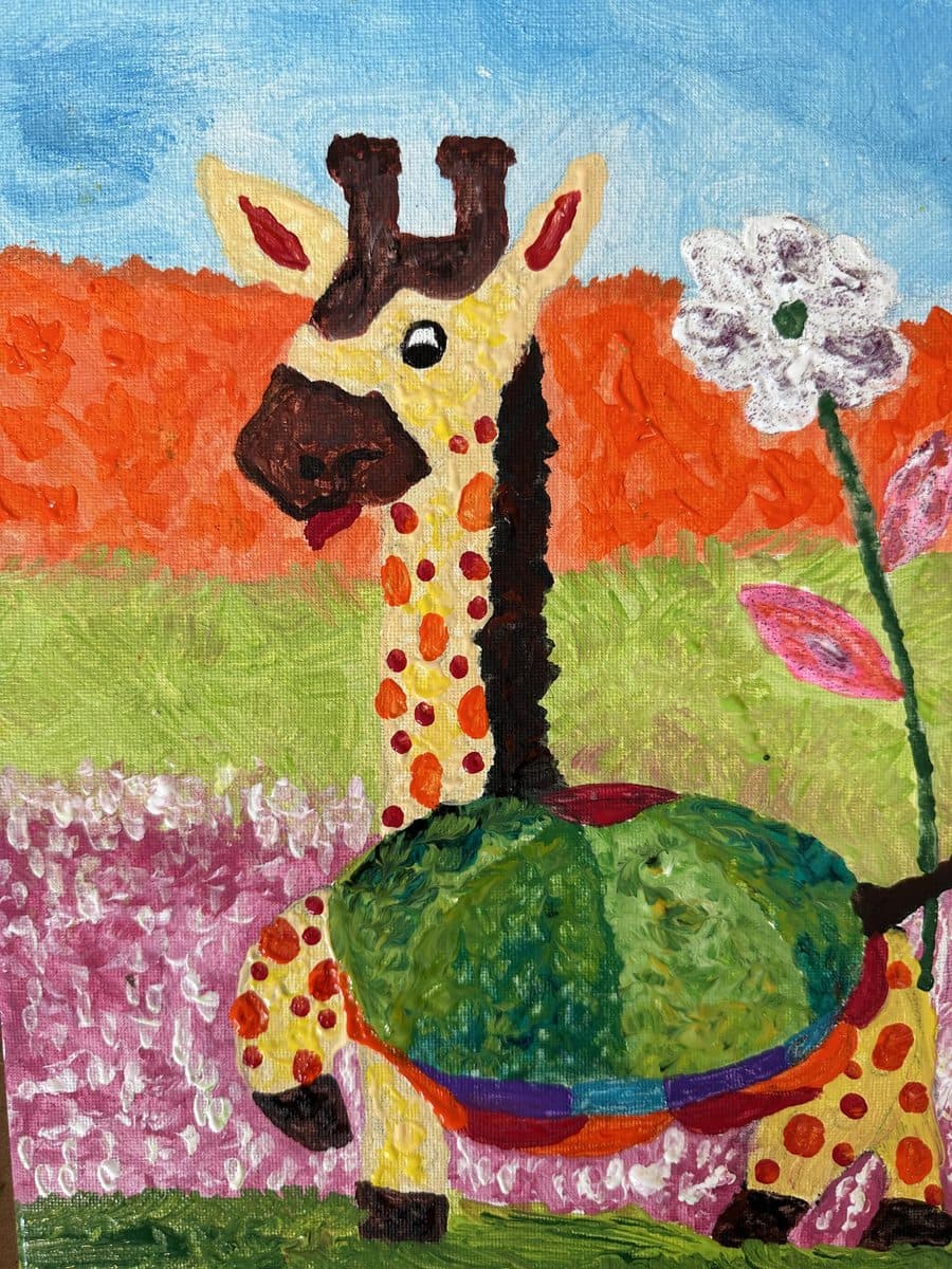 A giraffe among poppies, acrylic on canvas